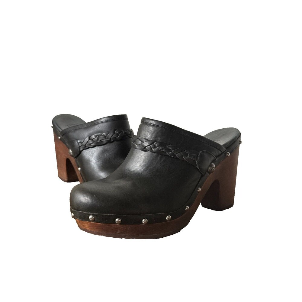 UGG Kaylee Black Leather Platform Clogs Wood Heel Studded Boho Womens Size 10